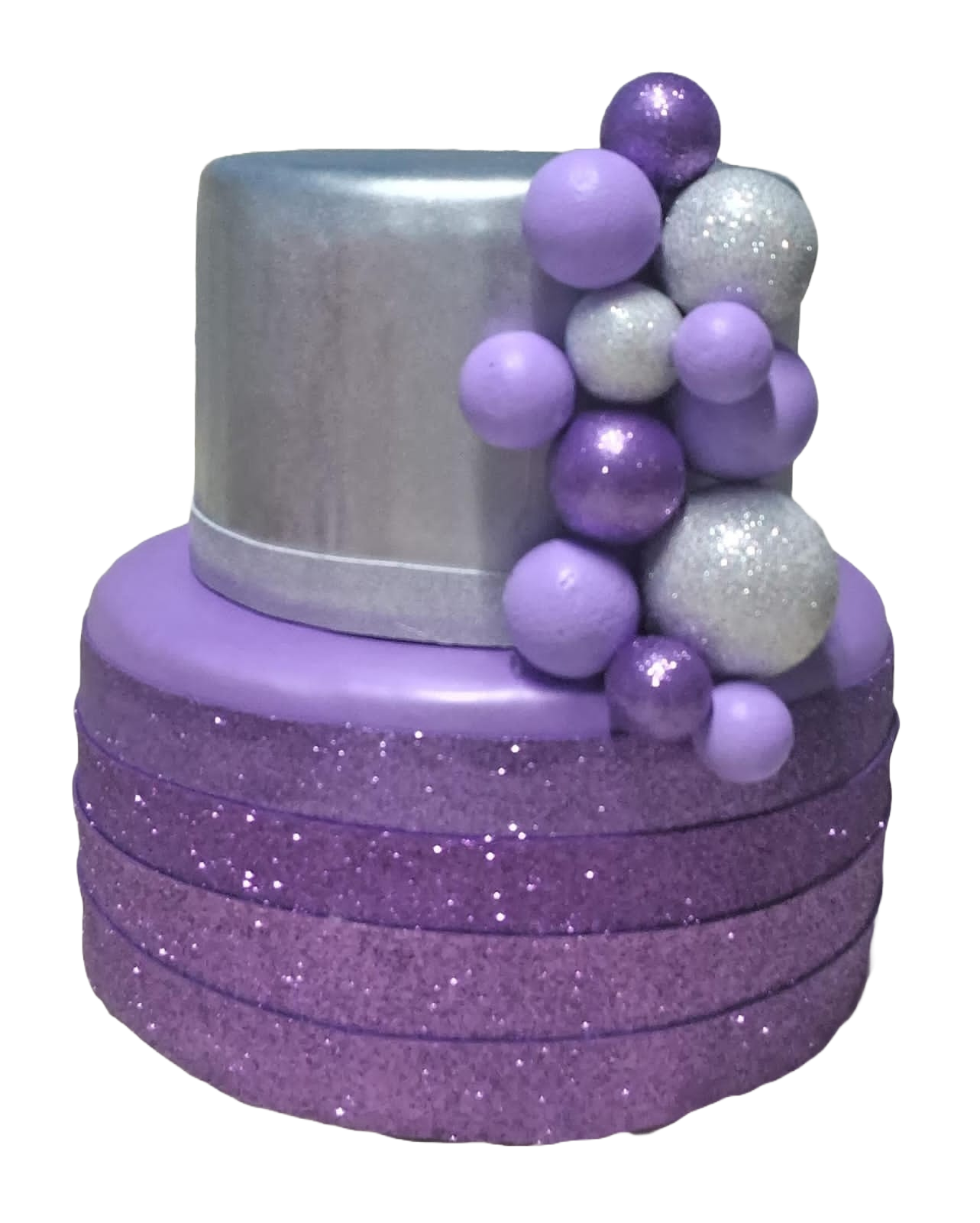 Bolo fake glitter lilás ,roxo e prata