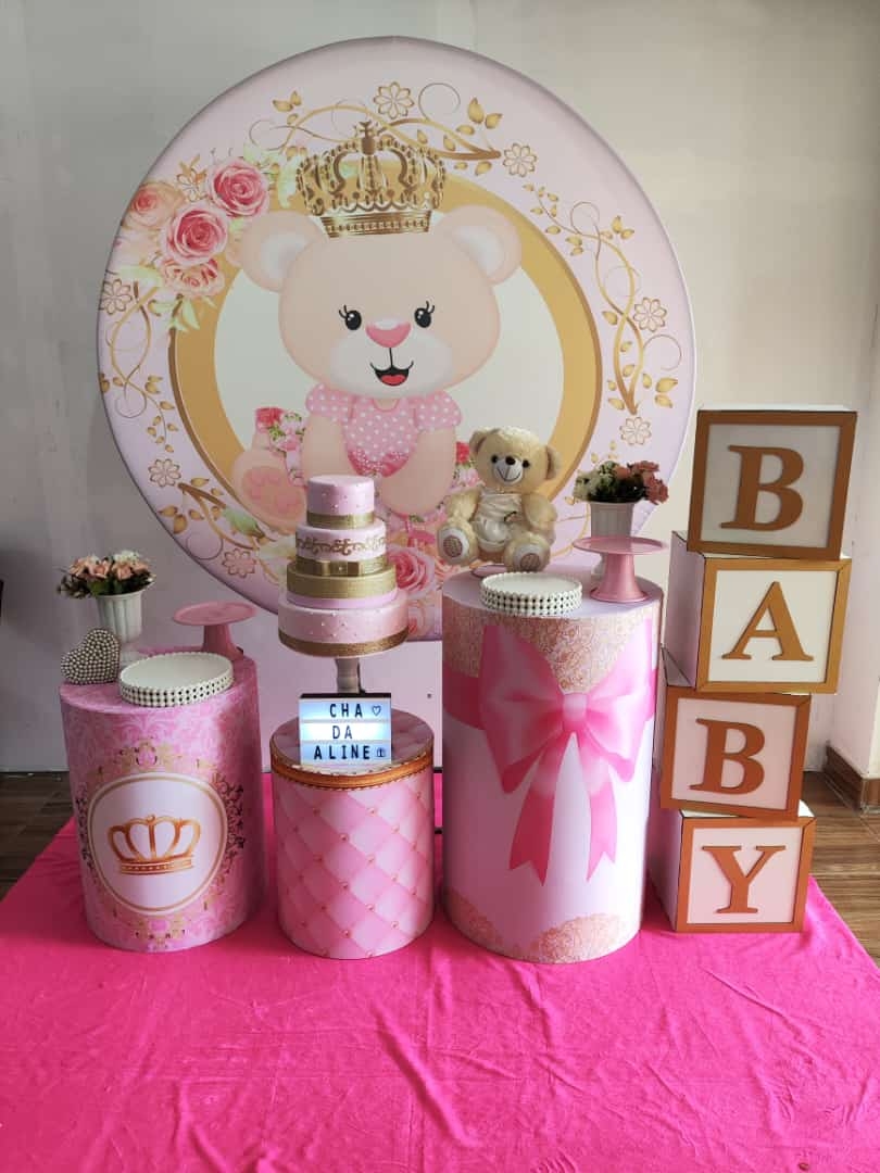 Chá de Bebê Menina Urso com Coroa Kit Prata