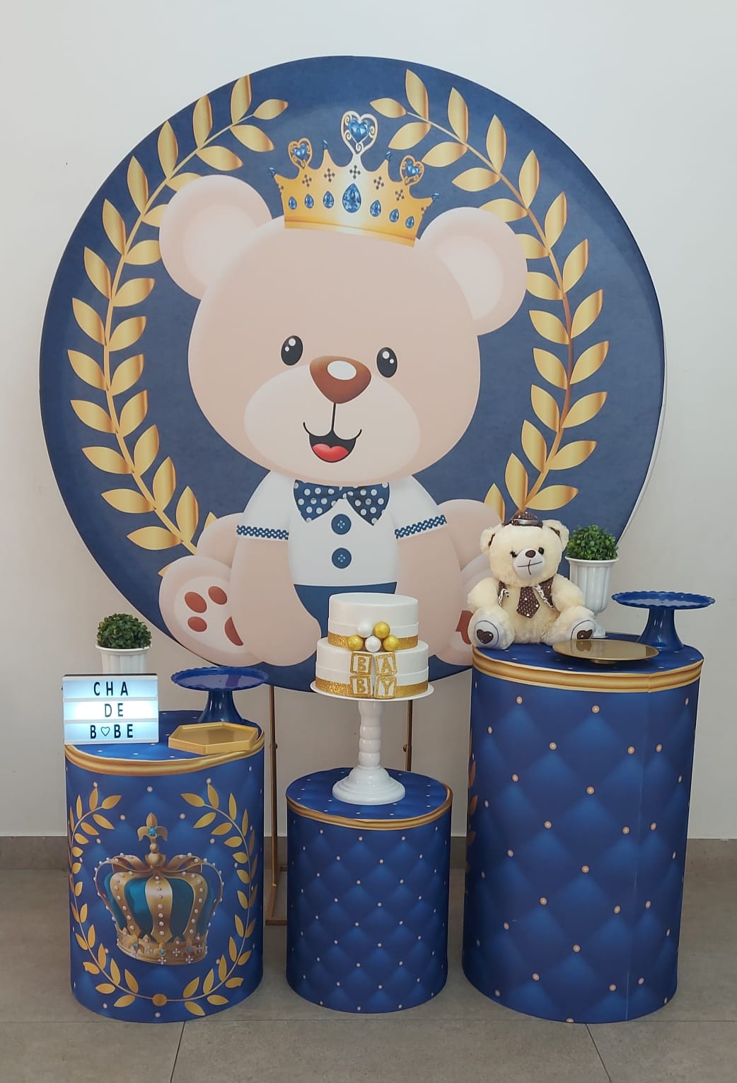 Chá de Bebê Menino Urso com Coroa Kit Prata m