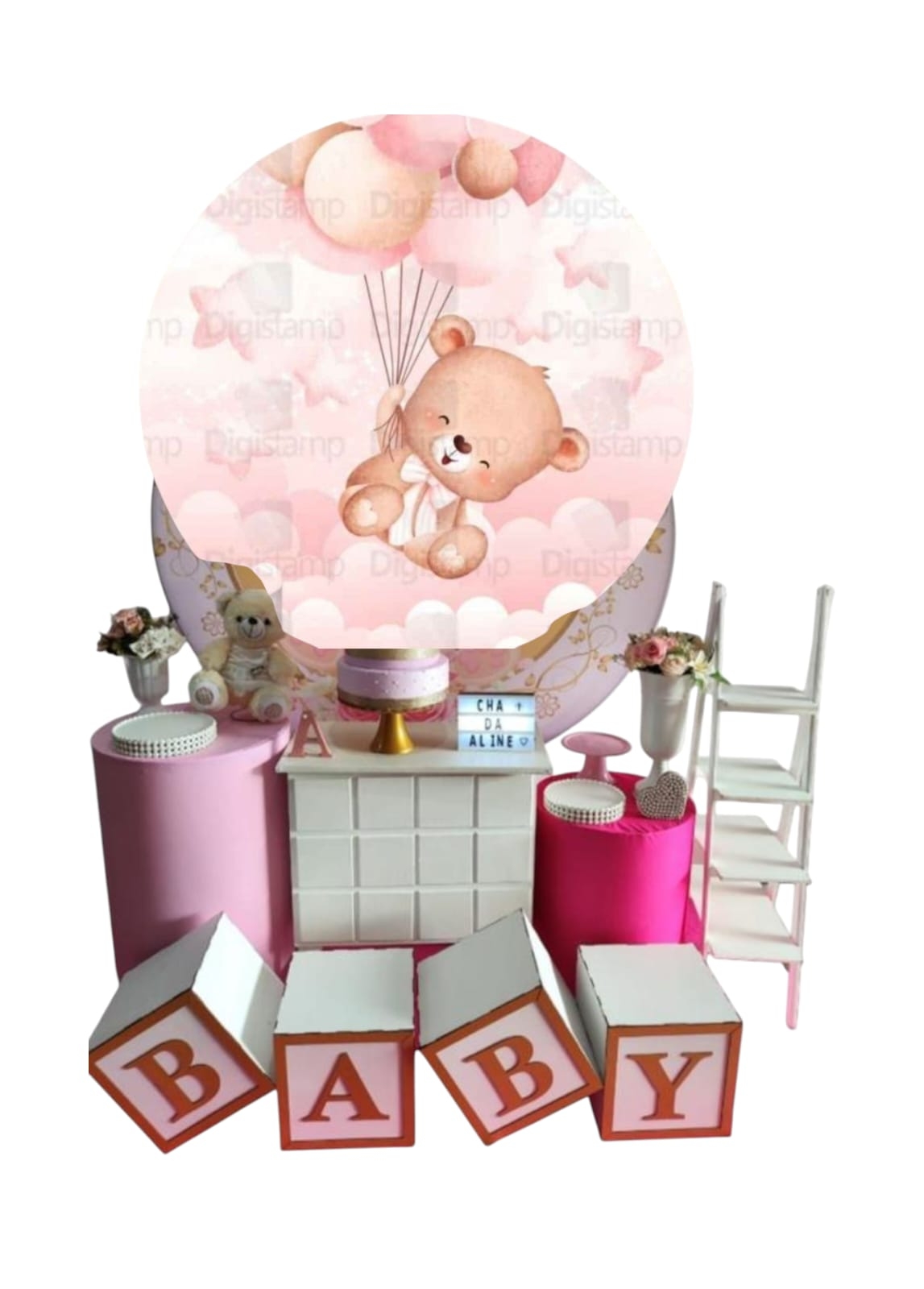 Chá de Bebê Menina Ursinha Rosa com Balões Ki