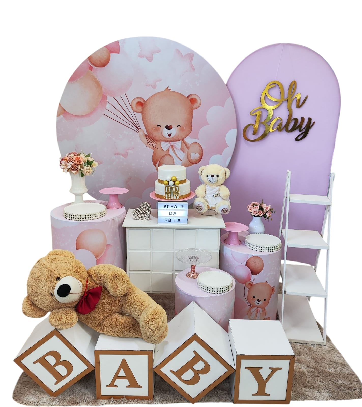 Chá de Bebê Menina Ursinha Rosa com Balões Ki