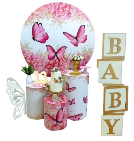 Chá de bebê Menina Borboleta Rosa Kit Prata