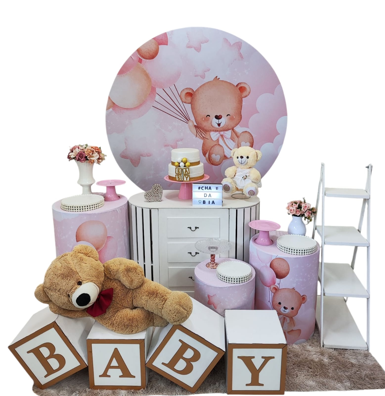 Chá de Bebê Menina Ursinha Rosa com Balões Ki