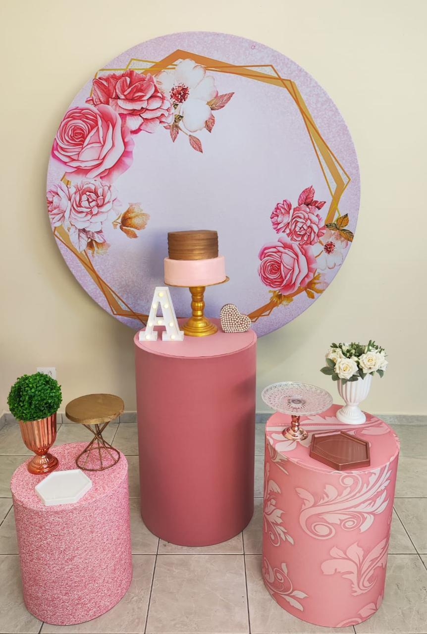 Floral Fundo Rosa com Dourado Kit Prata