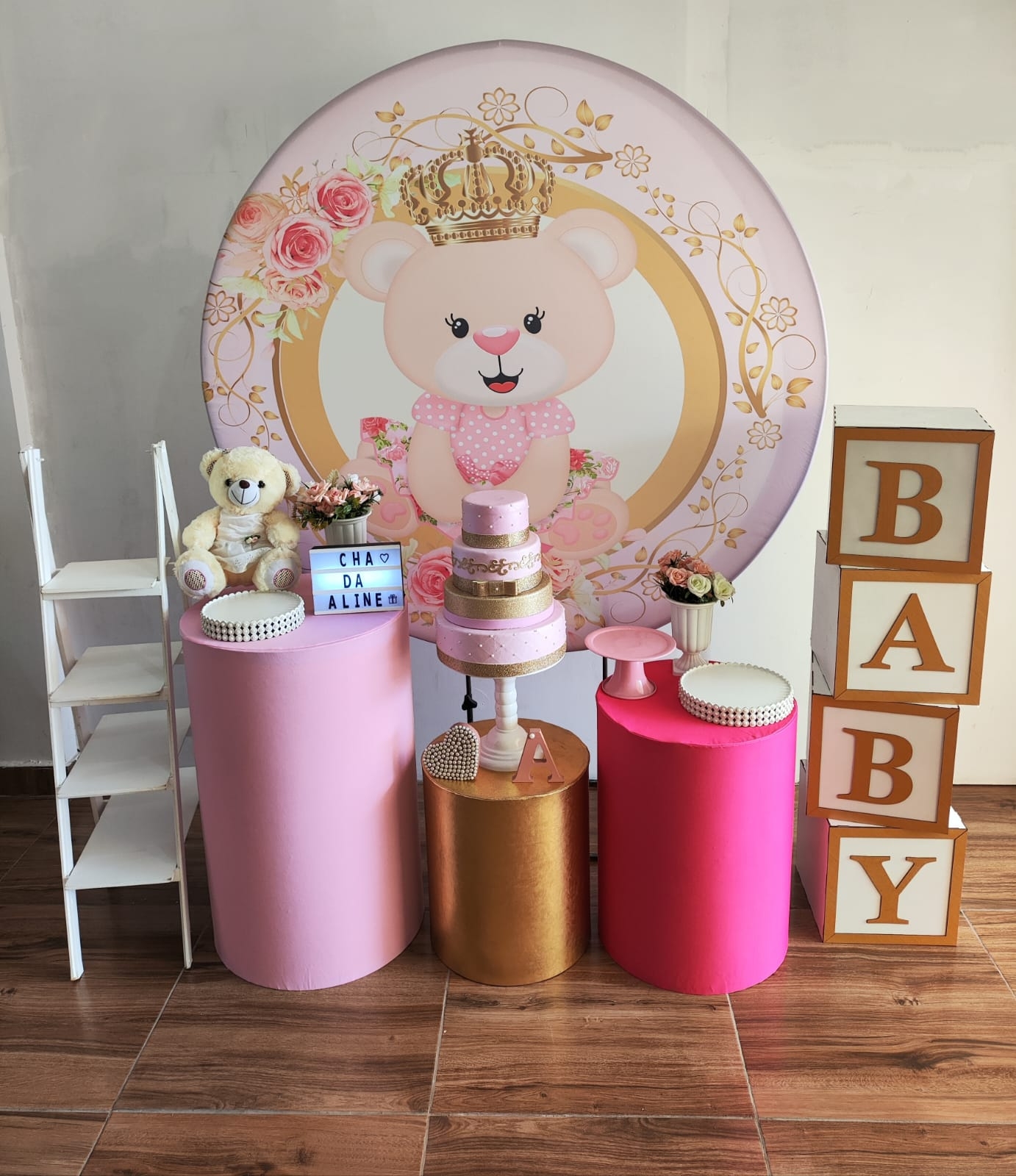 Chá de Bebê Menina Urso com Coroa Kit Prata