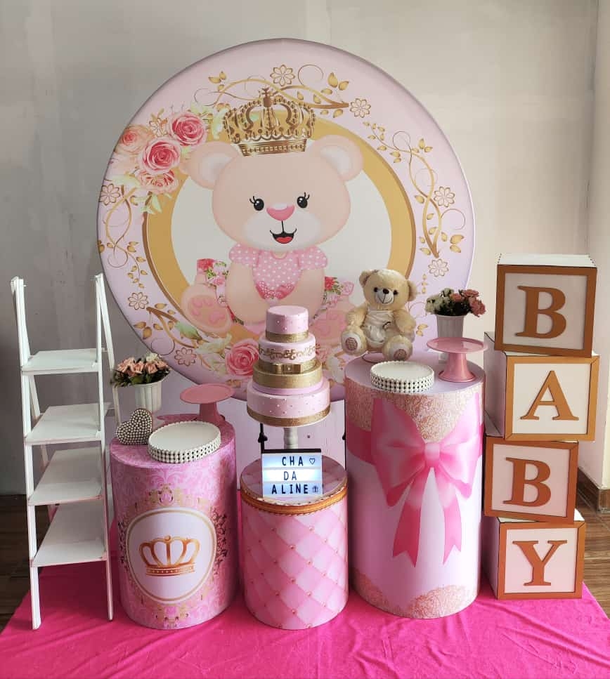 Chá de Bebê Menina Urso com Coroa Kit Prata