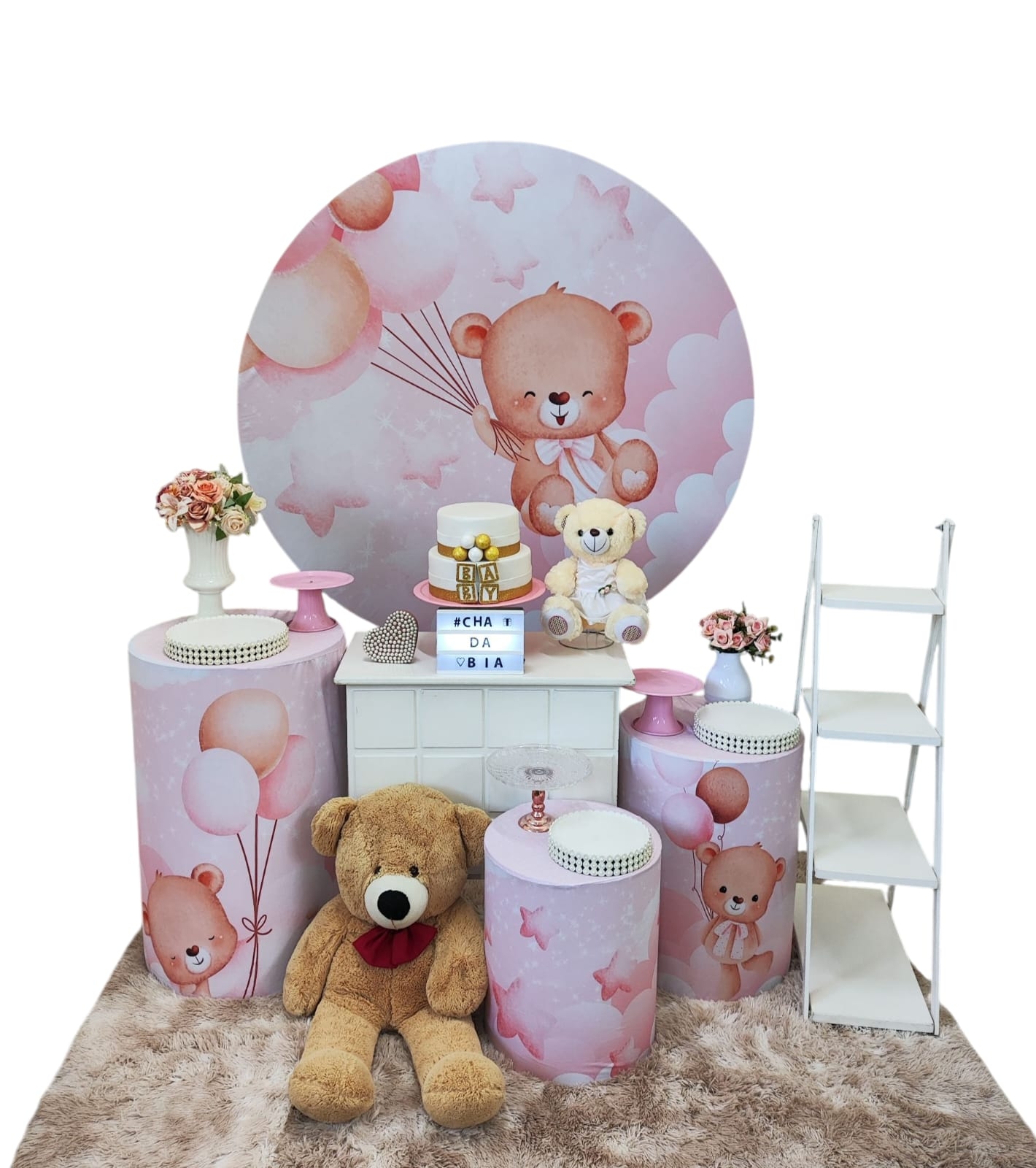 Chá de Bebê Menina Ursinha Rosa com Balões Ki