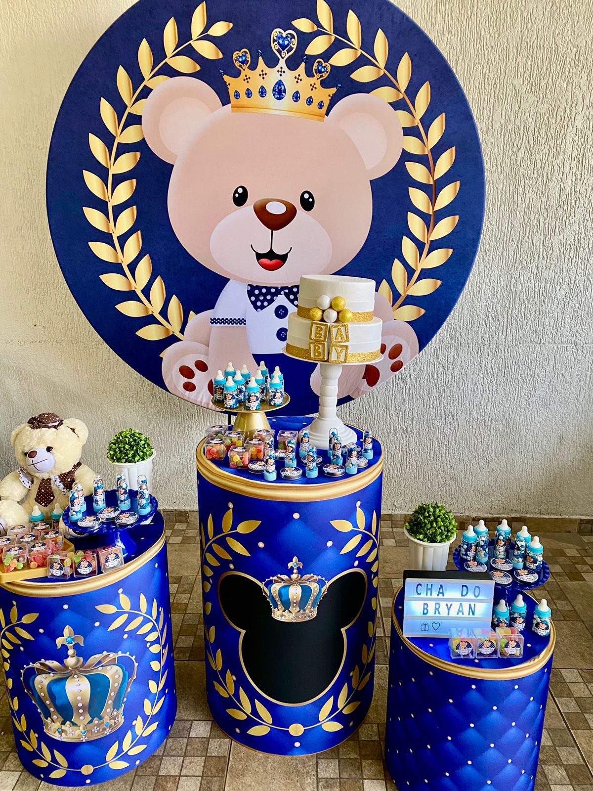 Chá de Bebê Menino Urso com Coroa Kit Bronze