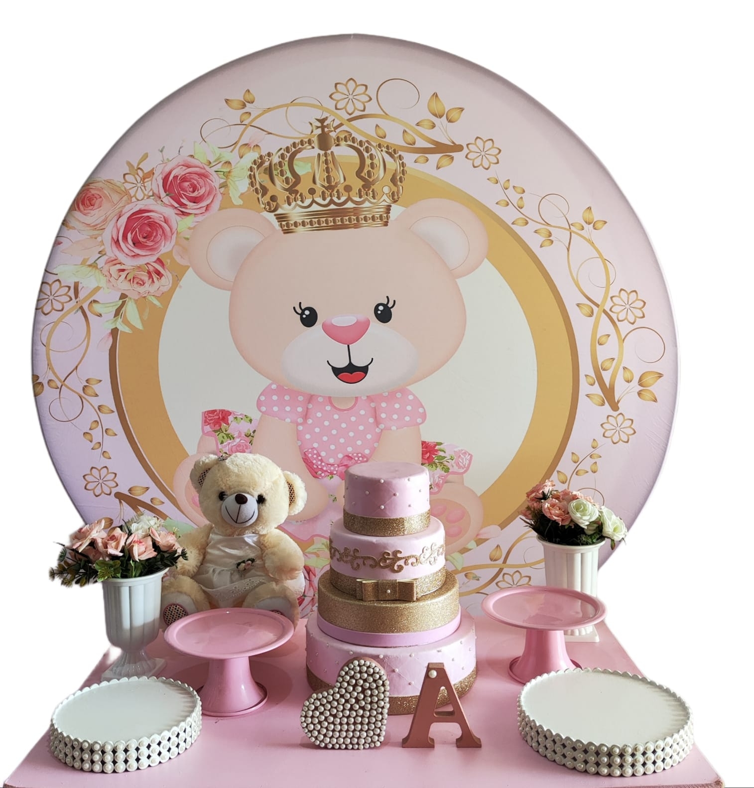 Chá de Bebê Menina Urso com Coroa Kit Bronze 