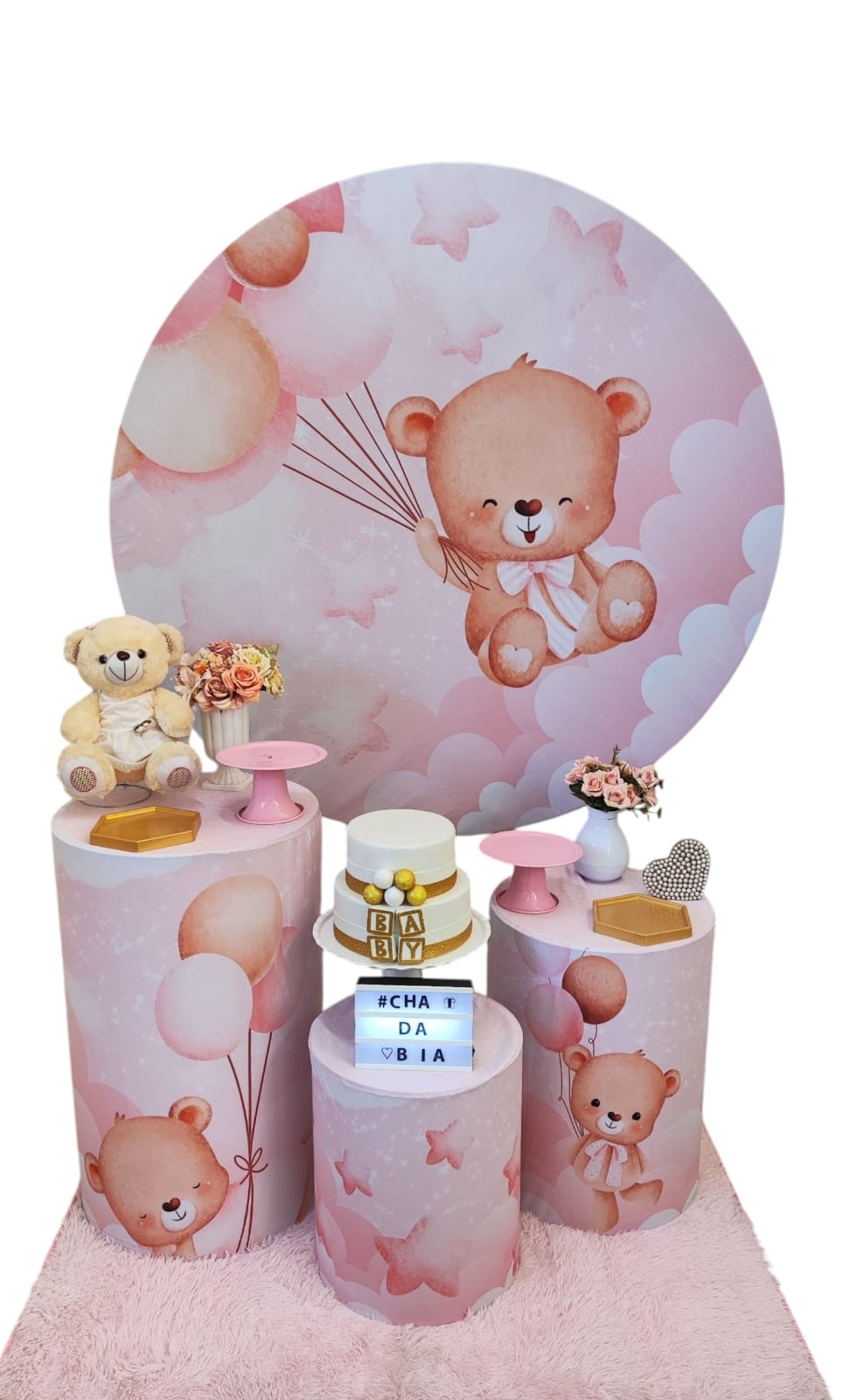 Chá de Bebê Menina Ursinha Rosa com Balões Ki