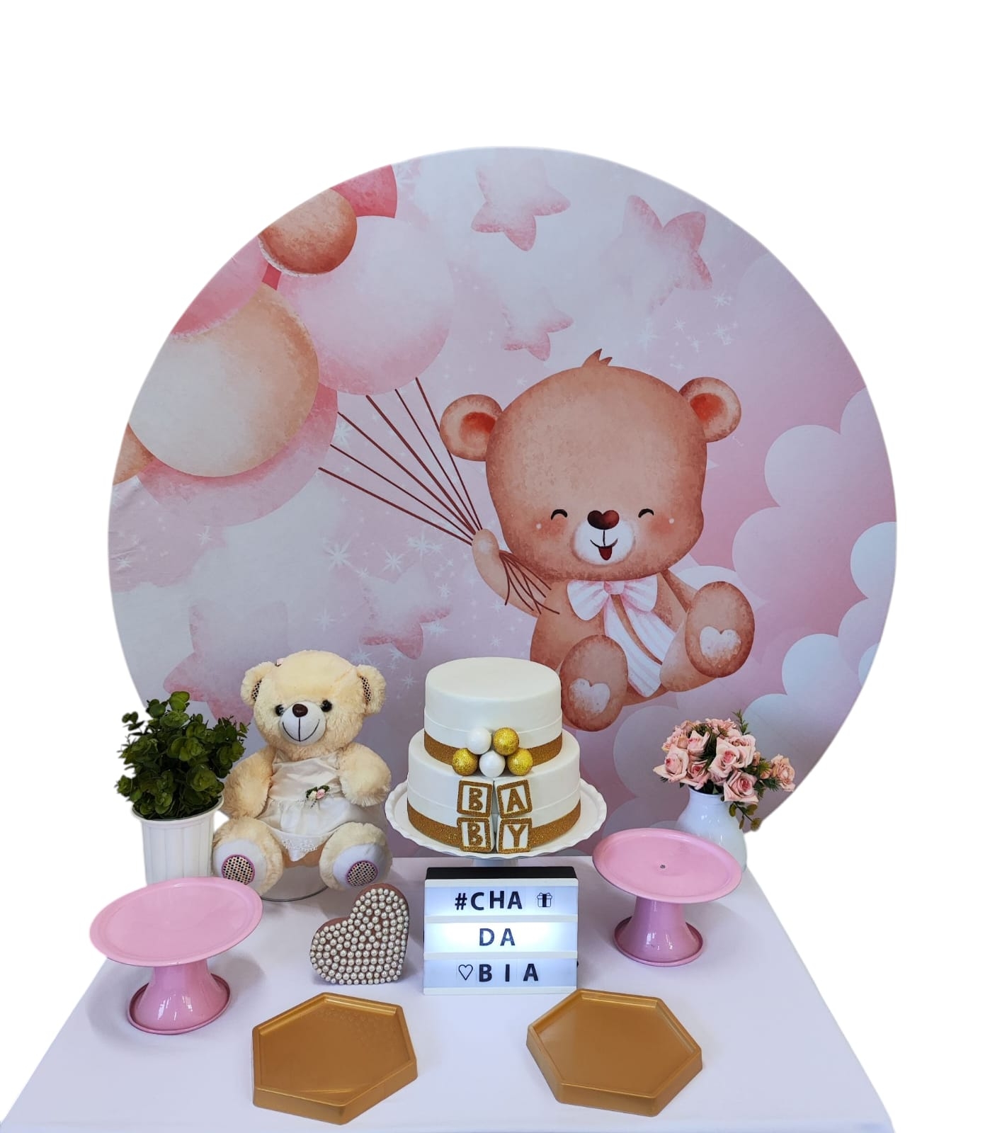 Chá de Bebê Menina Ursinha Rosa com Balões Ki