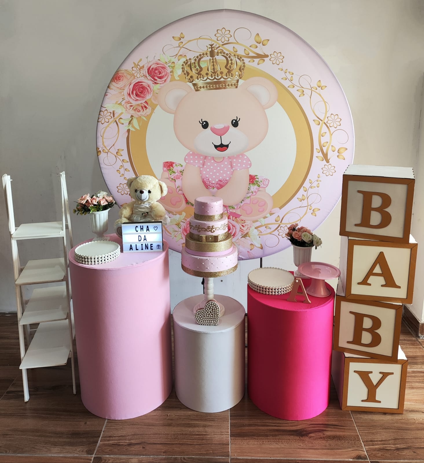 Chá de Bebê Menina Urso com Coroa Kit Bronze 