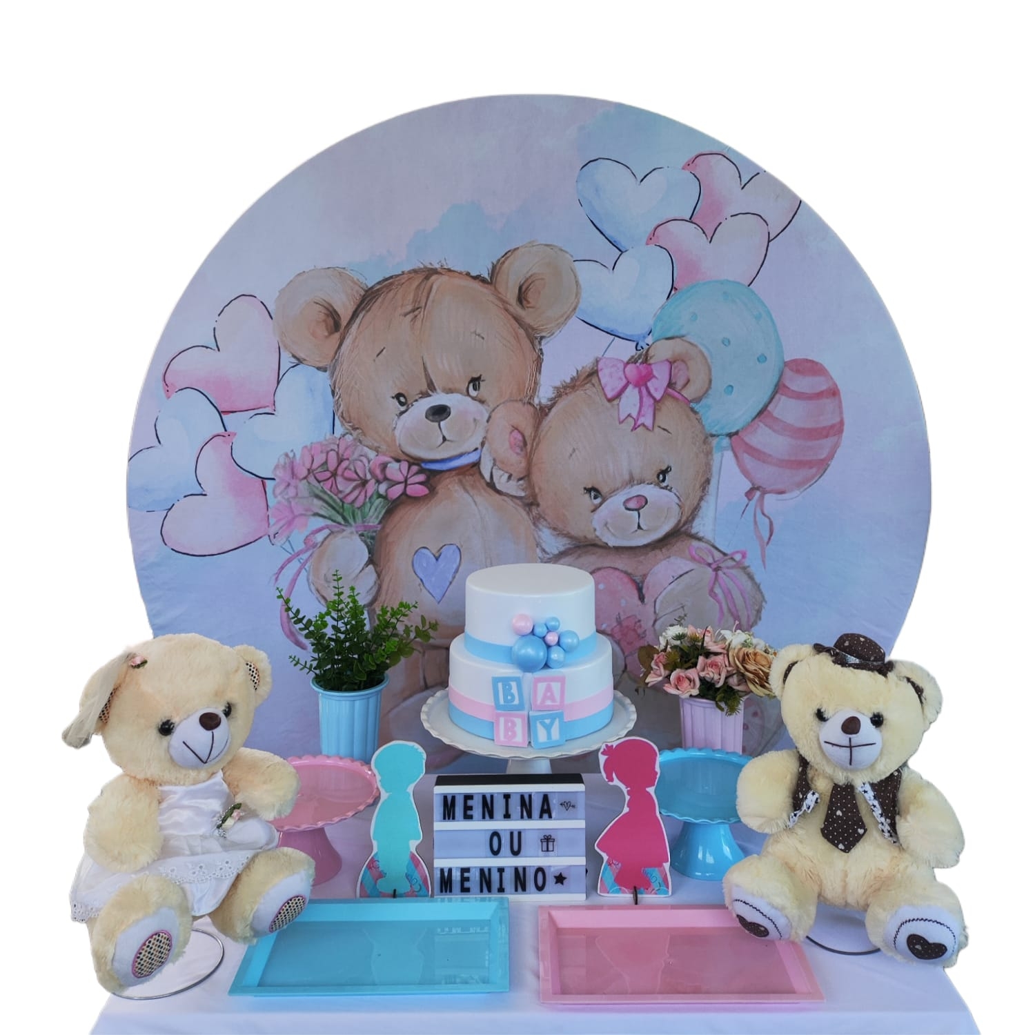 Chá Revelação Urso Rosa e Azul Kit Bronze