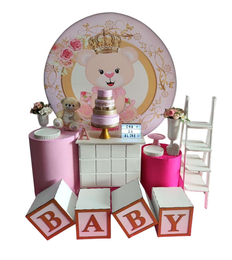 Chá de Bebê Menina Urso com Coroa Kit Ouro