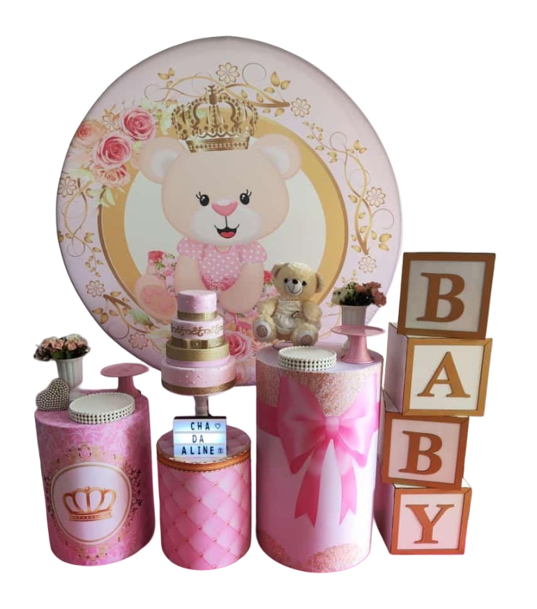 Chá de Bebê Menina Urso com Coroa Kit Bronze 