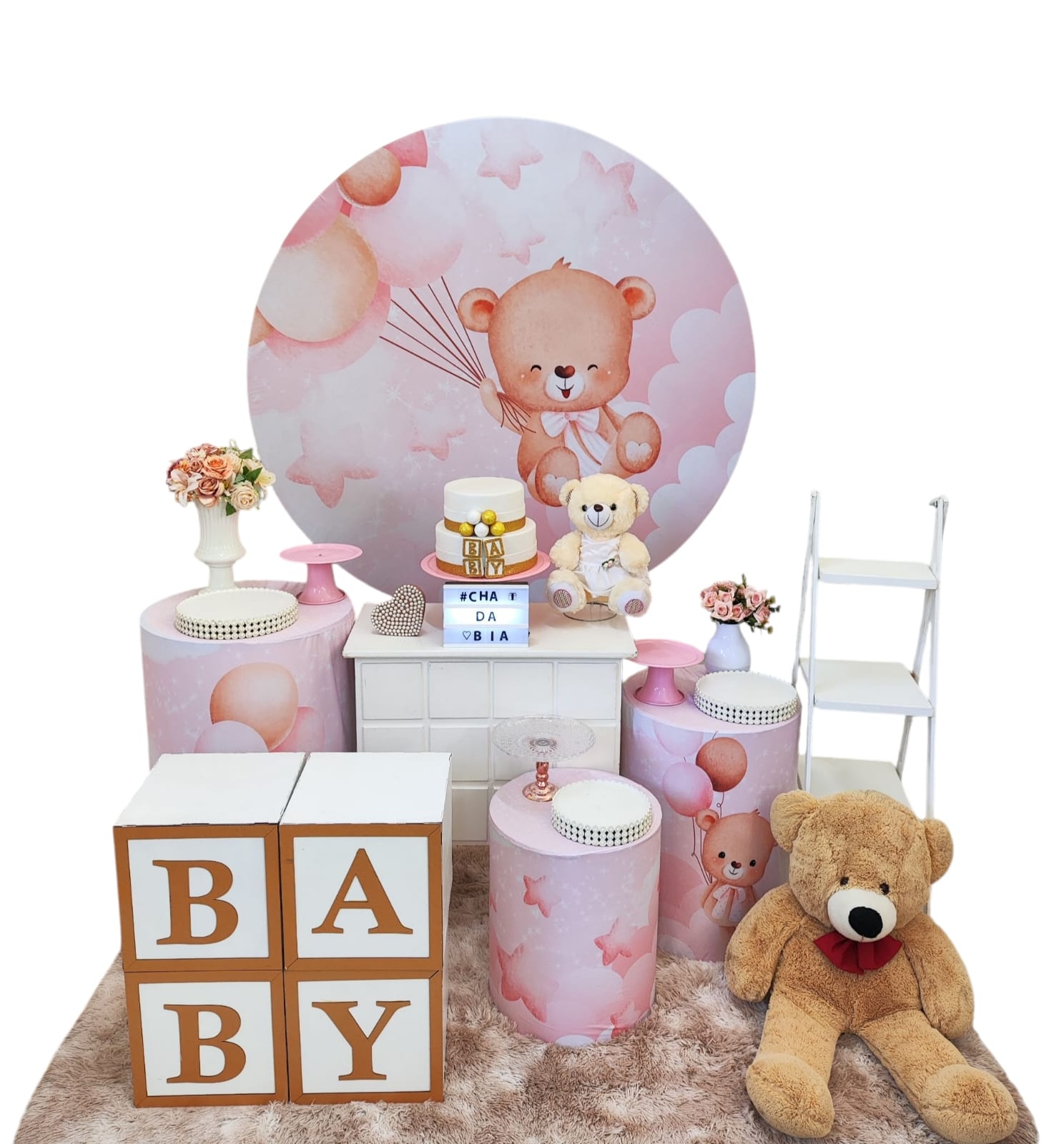 Chá de Bebê Menina Ursinha Rosa com Balões Ki