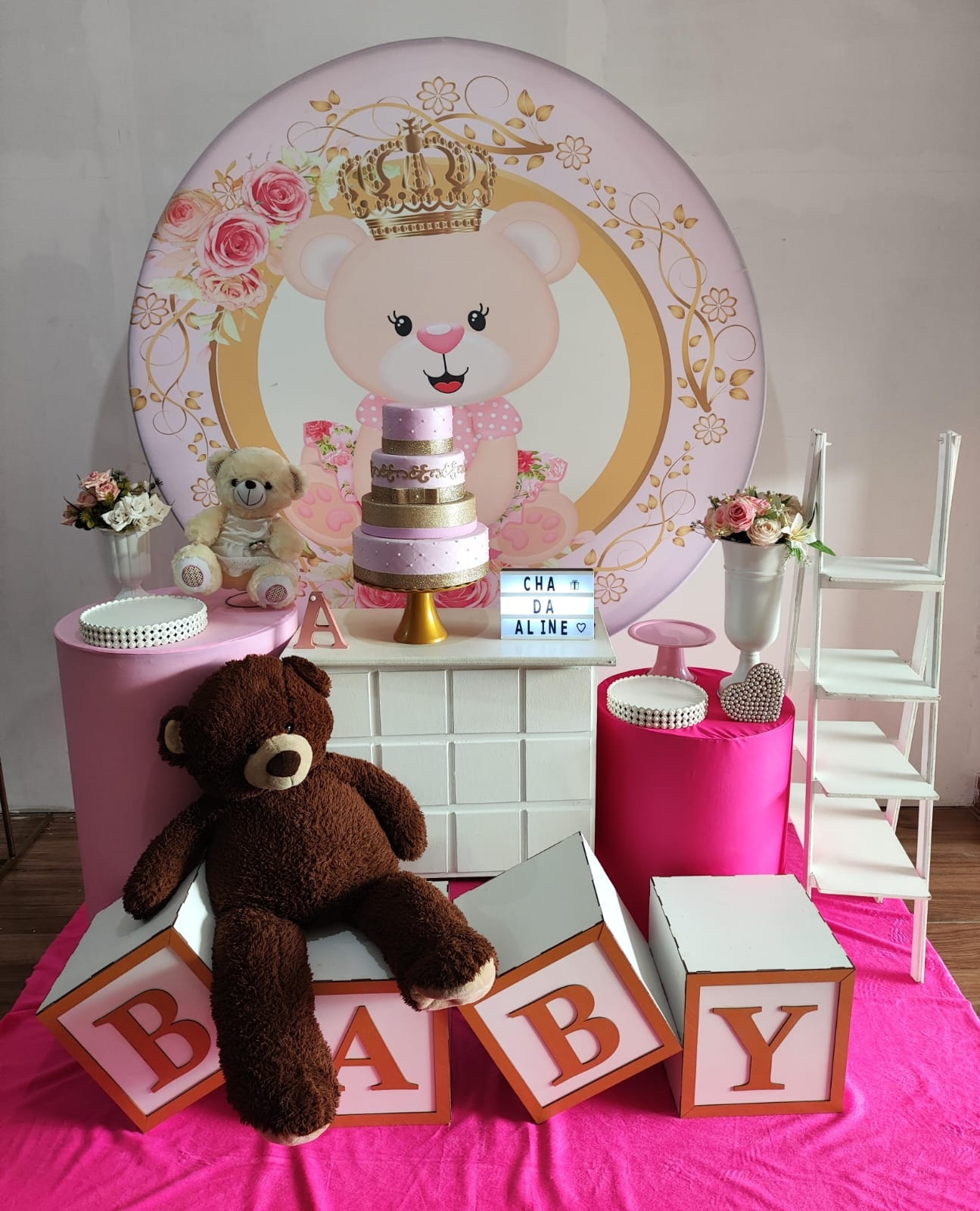 Chá de Bebê Menina Urso com Coroa Kit Ouro