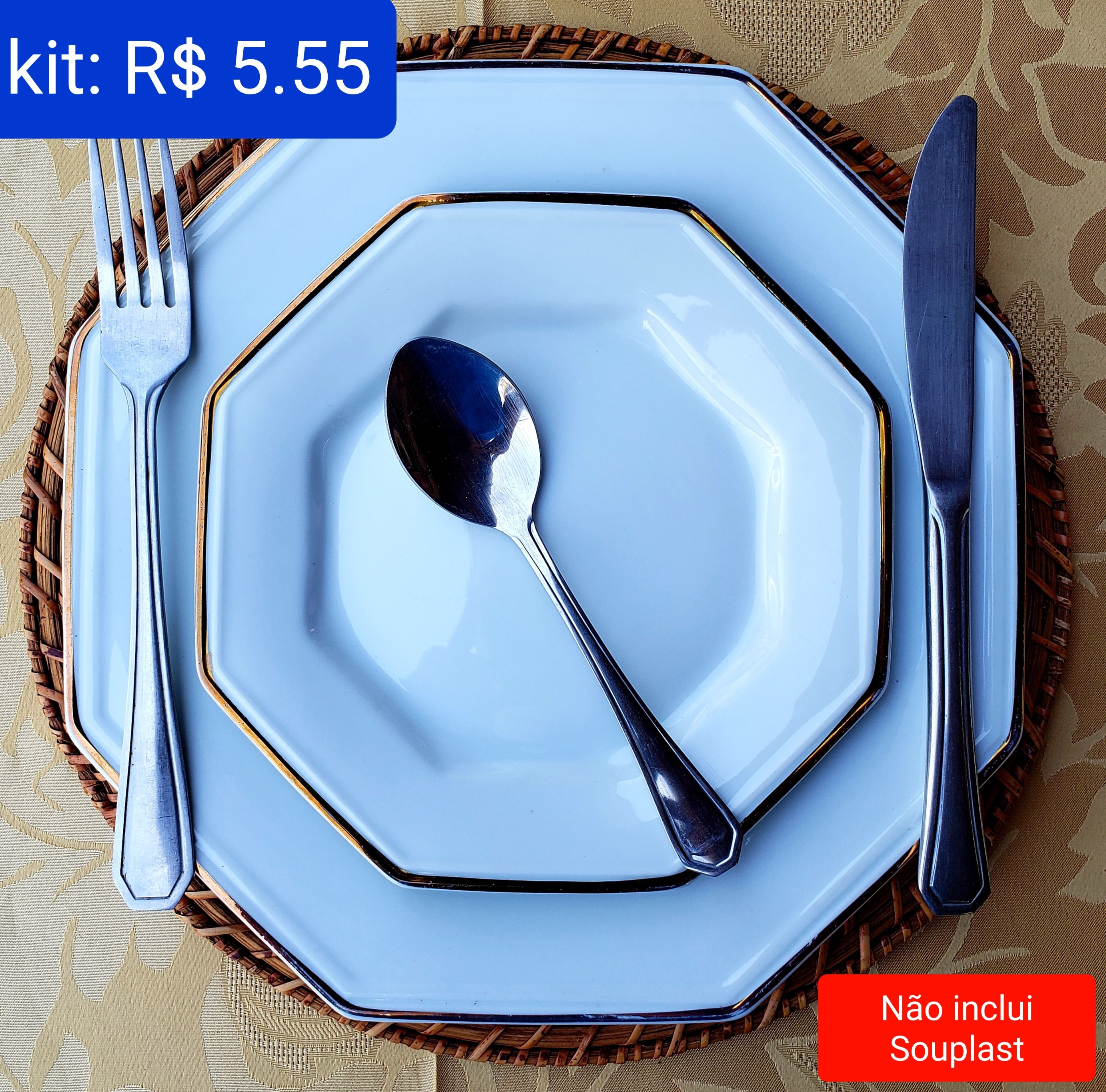 Kit Pratos oitavado com friso dourado 