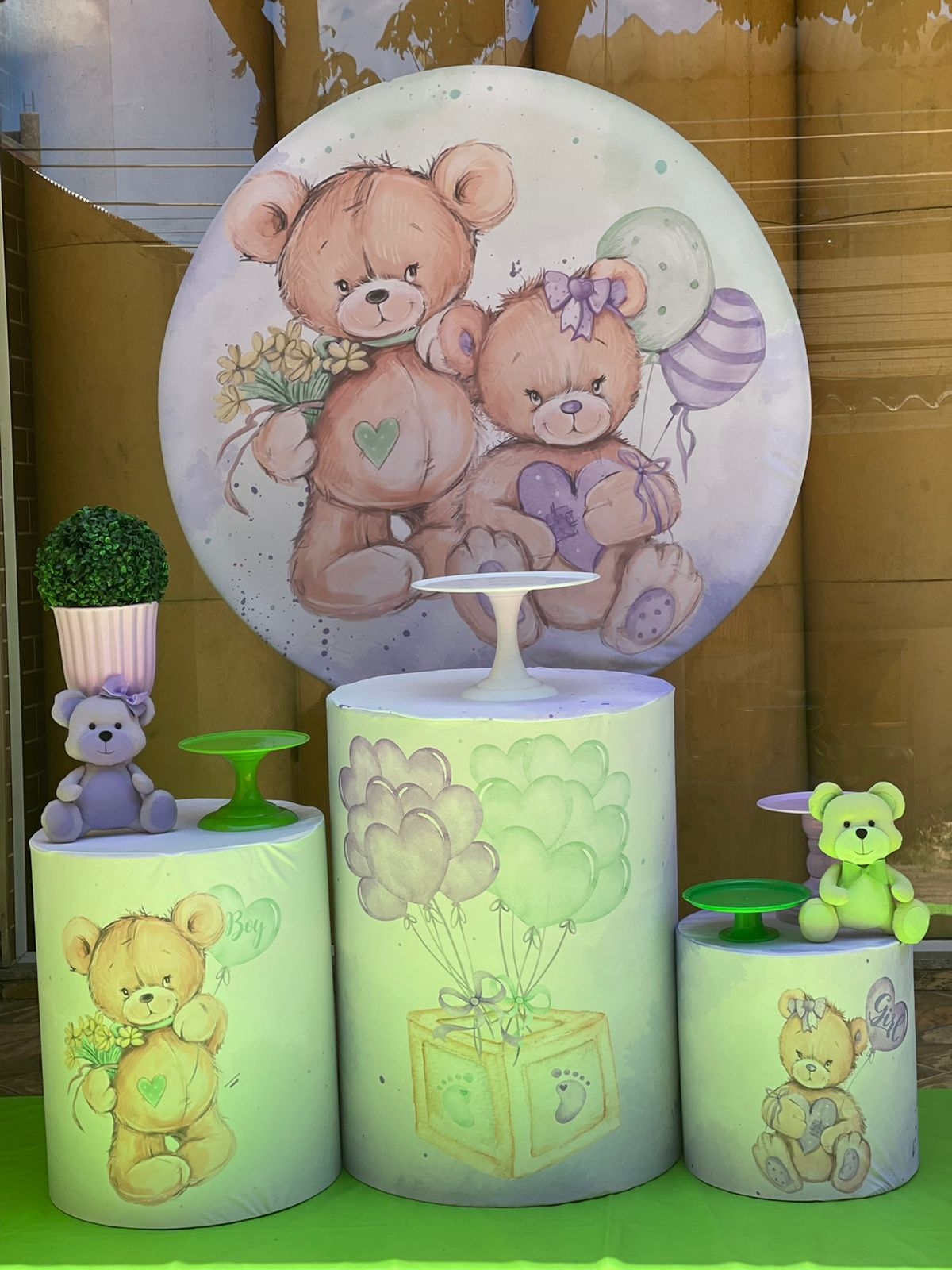 CHÁ REVELAÇÃO LILÁS E VERDE COM CILÍNDROS